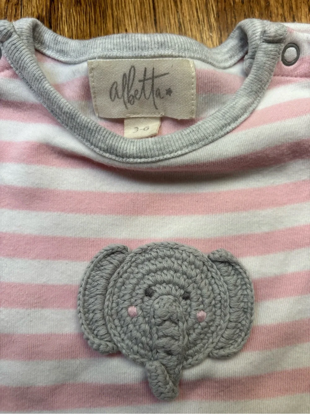 NWOT Albetta Crochet Elephant Pink Stripe Babygro Romper, size 3-6 months